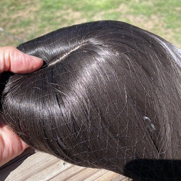 NWT 16-17”natural black brown hint straight blended human mix topper round bangs - Picture 16 of 16